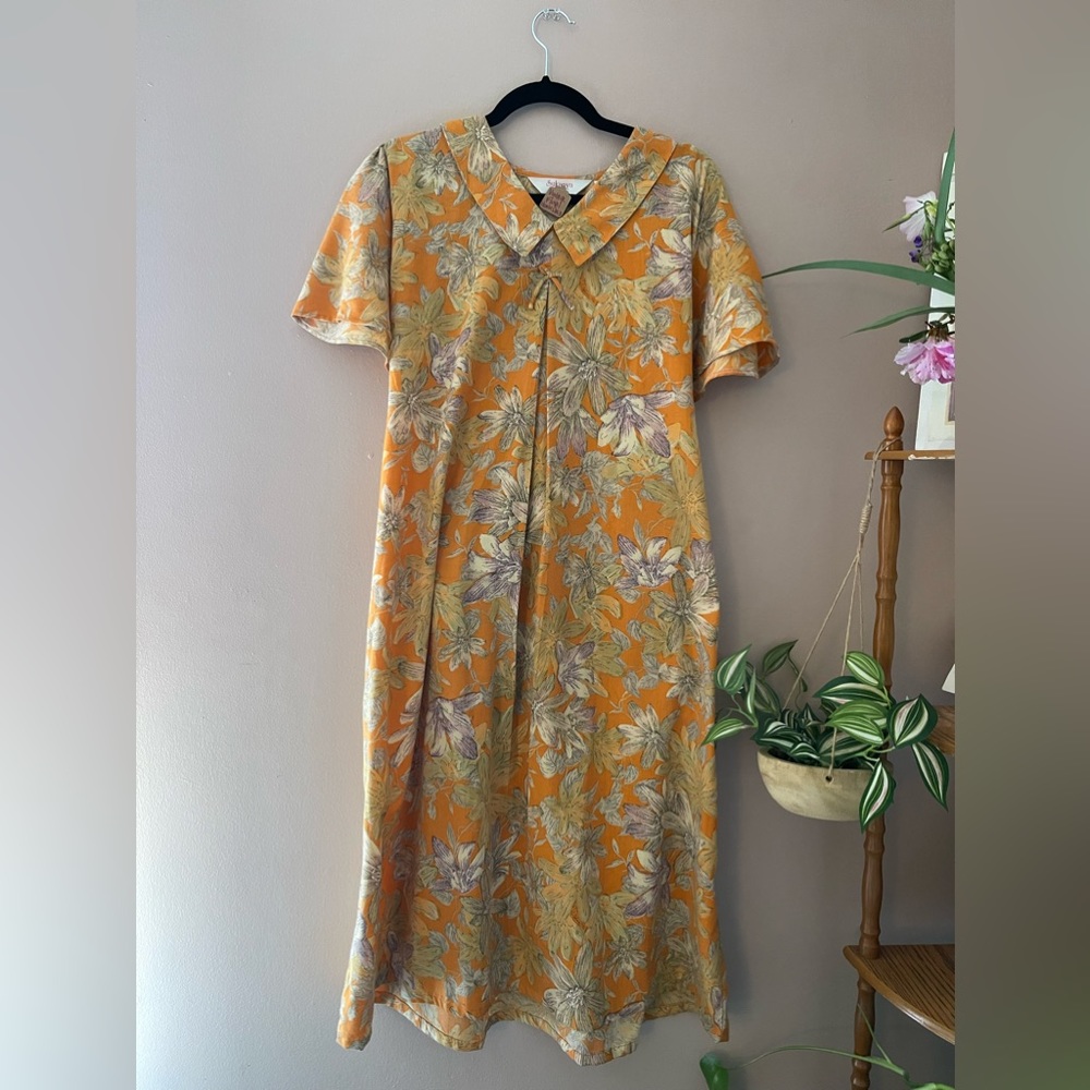 Vintage Orange Floral House/ Mumu/Tea Dress